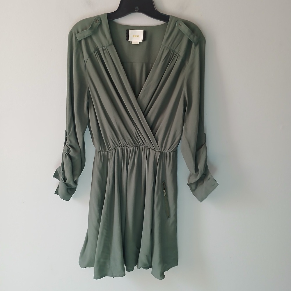 Maeve Women's Size XS Olive Green Faux Wrap Midi Dress Zip Pockets Roll-Tab